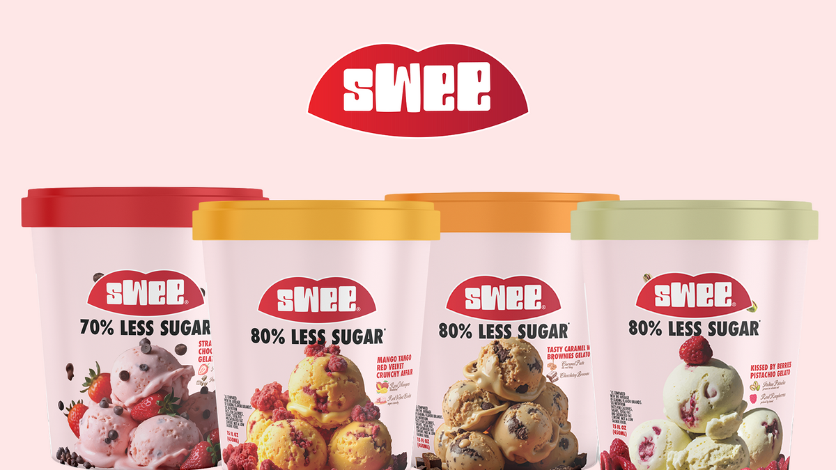 Four Swee gelato pints in strawberry chocolate, mango, caramel brownie and pistachio flavors.